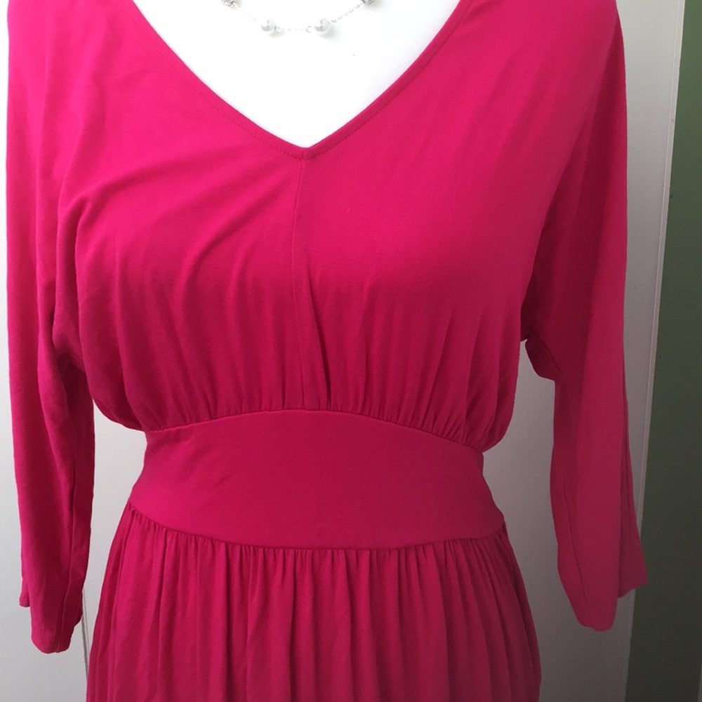 Vintage 90s Casual Lightweight Monochromatic Hot Pink Dolman Sleeve Midi Dress - Picture 2 of 4